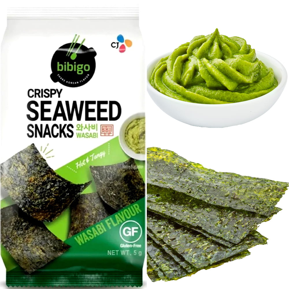 Koreańskie Nori Snacks Przekąska Chrupiące Wodorosty Prażone Wasabi 5g BIBIGO
