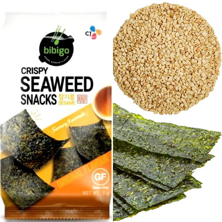 Koreańskie Nori Snacks Przekąska Chrupiące Wodorosty Prażone Sezam 5g BIBIGO