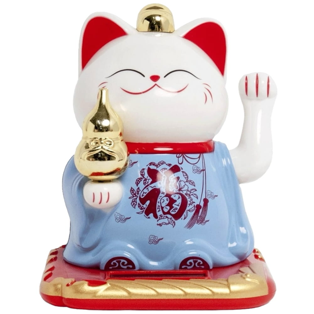 Figurka Solarna Japoński Biało Niebieski Kot Szczęścia Fu Maneki Neko EMRO AZIATICA